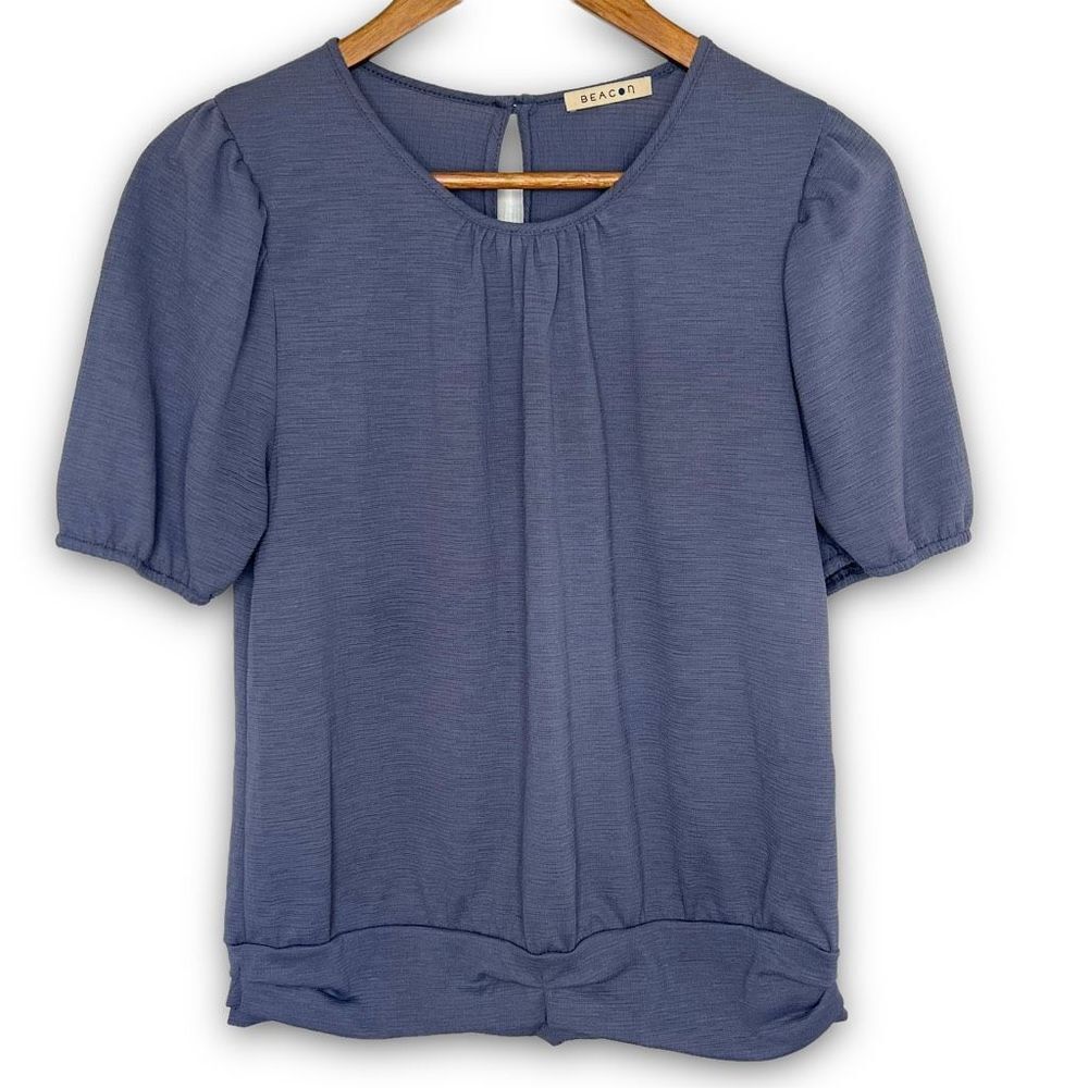 Beacon Women's Blue Puff Sleeve Keyhole Back‎ Blouse Top Size Small